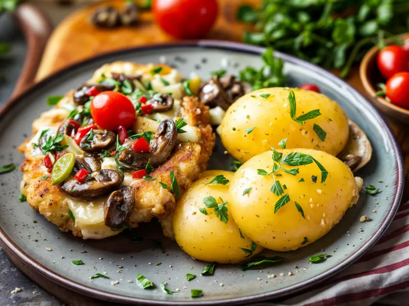 Sznycel Sznyclove z pieczarkami, pomidorkami i ziemniakami